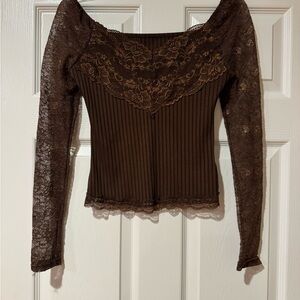 SHEIN Brown Lace Detail Blouse